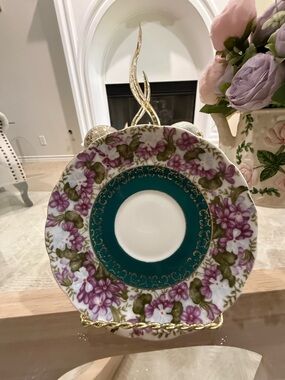 Fine Floral Teal and Purple Porcelain Bowl and Plate - Home Dining